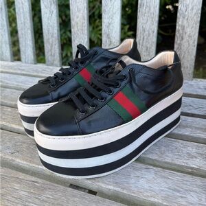Gucci Black Platform Sneakers with Red and Green Stripes